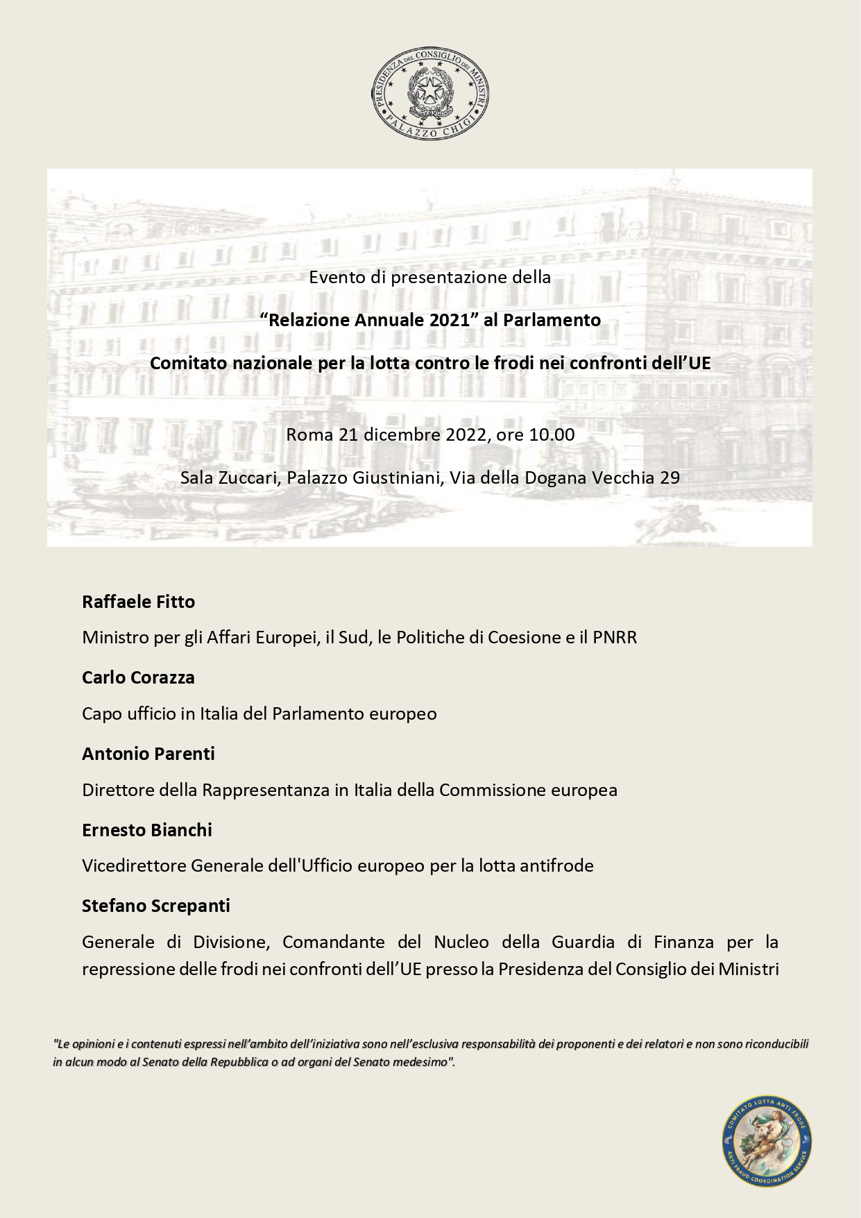 Il Ministro Fitto presenta la Relazione COLAF 2021 